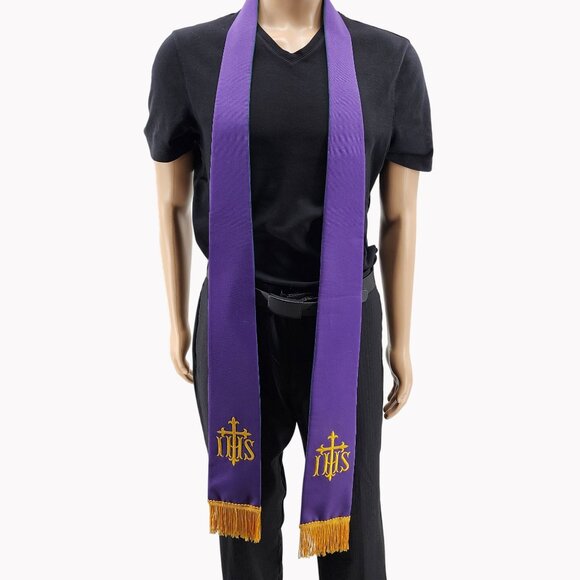 Abbott Hall 88in Reversible Purple Green IHS Clergy Stole Embroidered Vestment - Picture 3 of 6